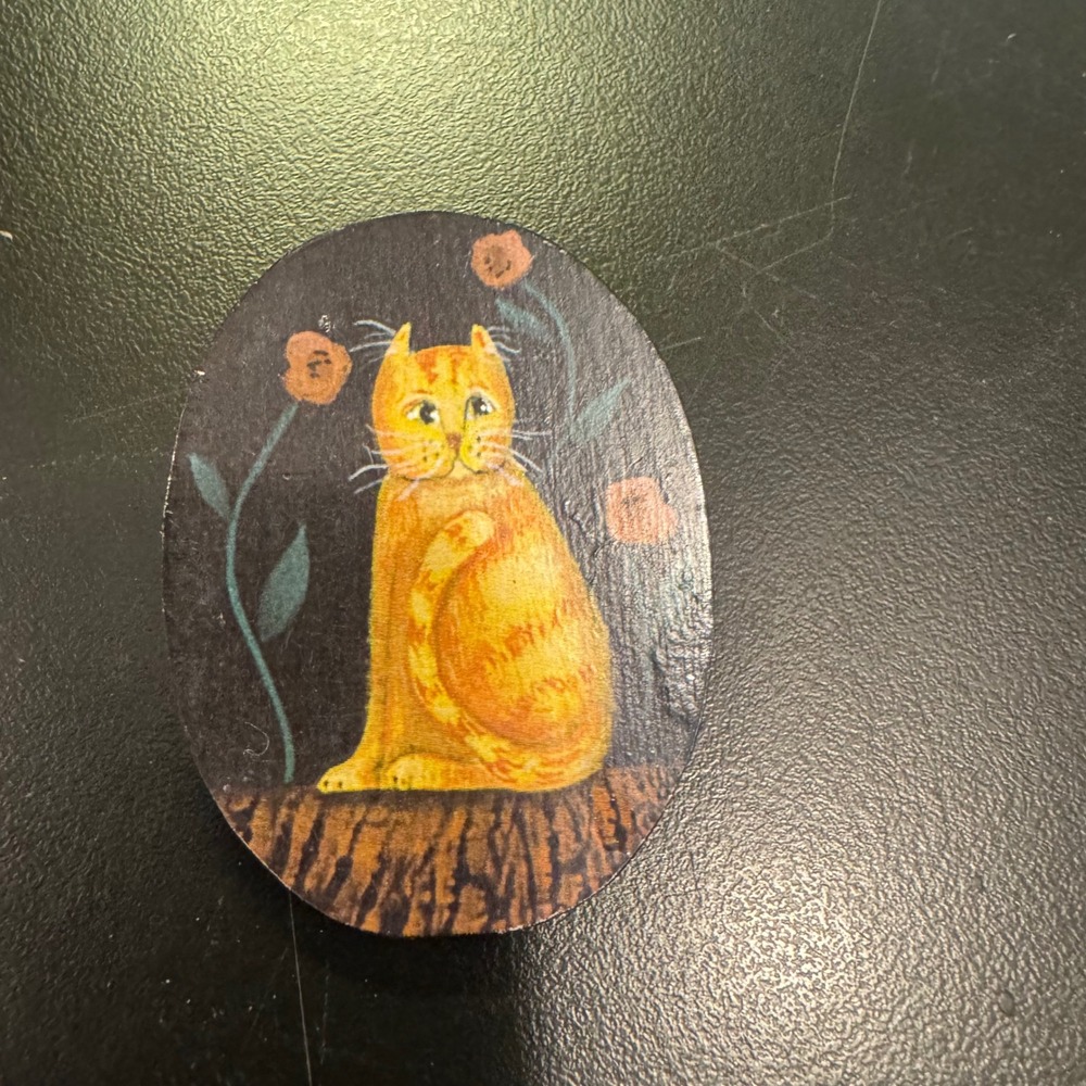Handmade Cat Brooch Pin Small Orange Tabby Wood Folk Art Whimsical Accessory